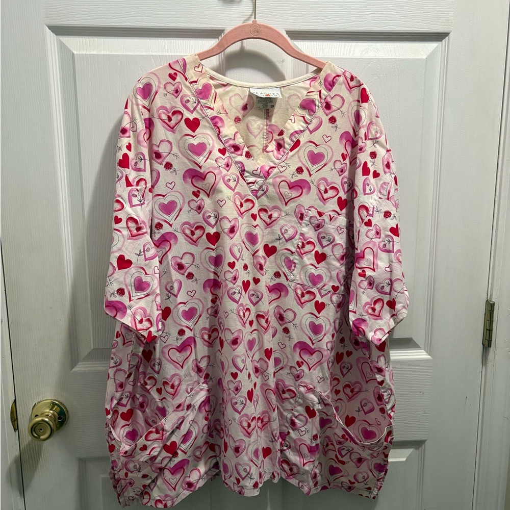 Peaches Uniforms Valentines Pink Heart Pattern Women’s Scrub Top